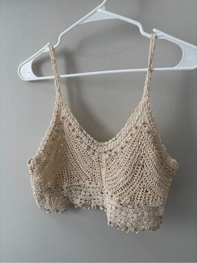 Crochet Beaded Crop Top boho cream woman's large party summer